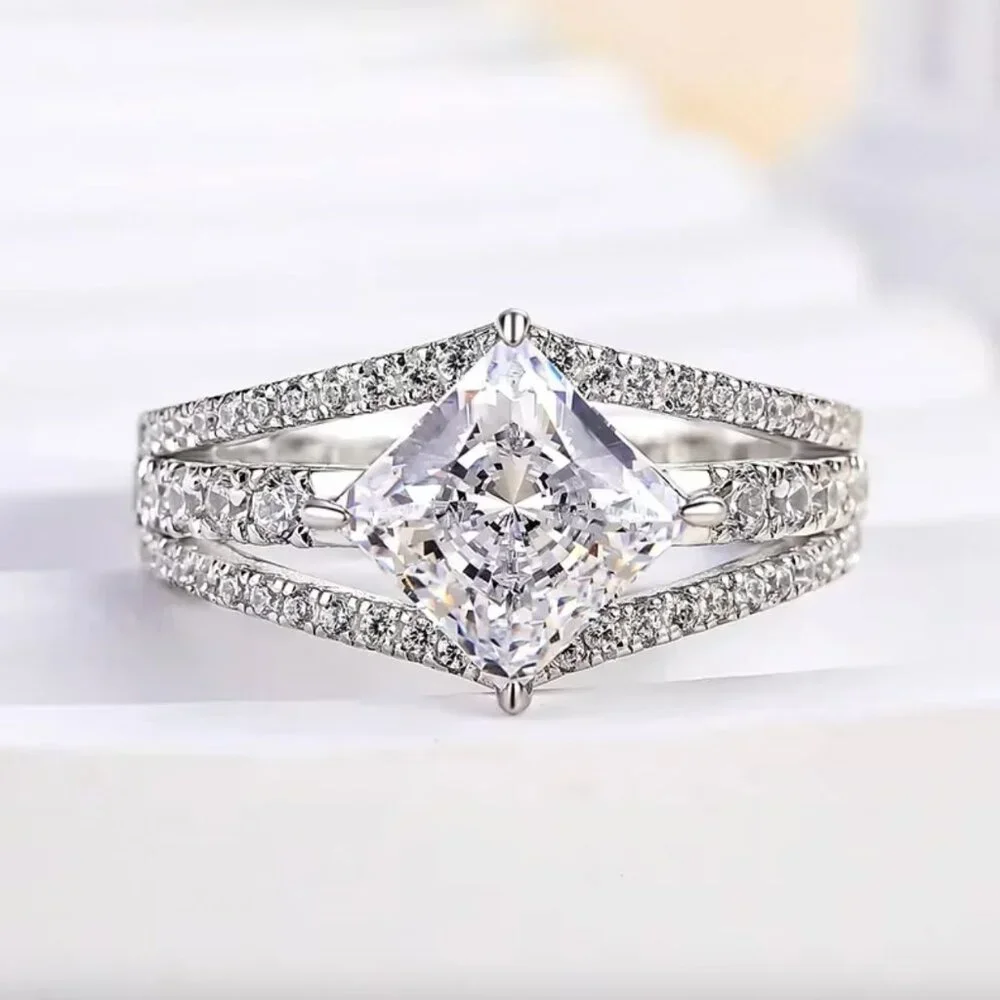 NEW 18k White Gold Diamond Princess Cut Multi Layer Ring Band Statement Ring